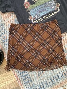 Brown Plaid Mini Skirt with Subtle Red & Black Accents